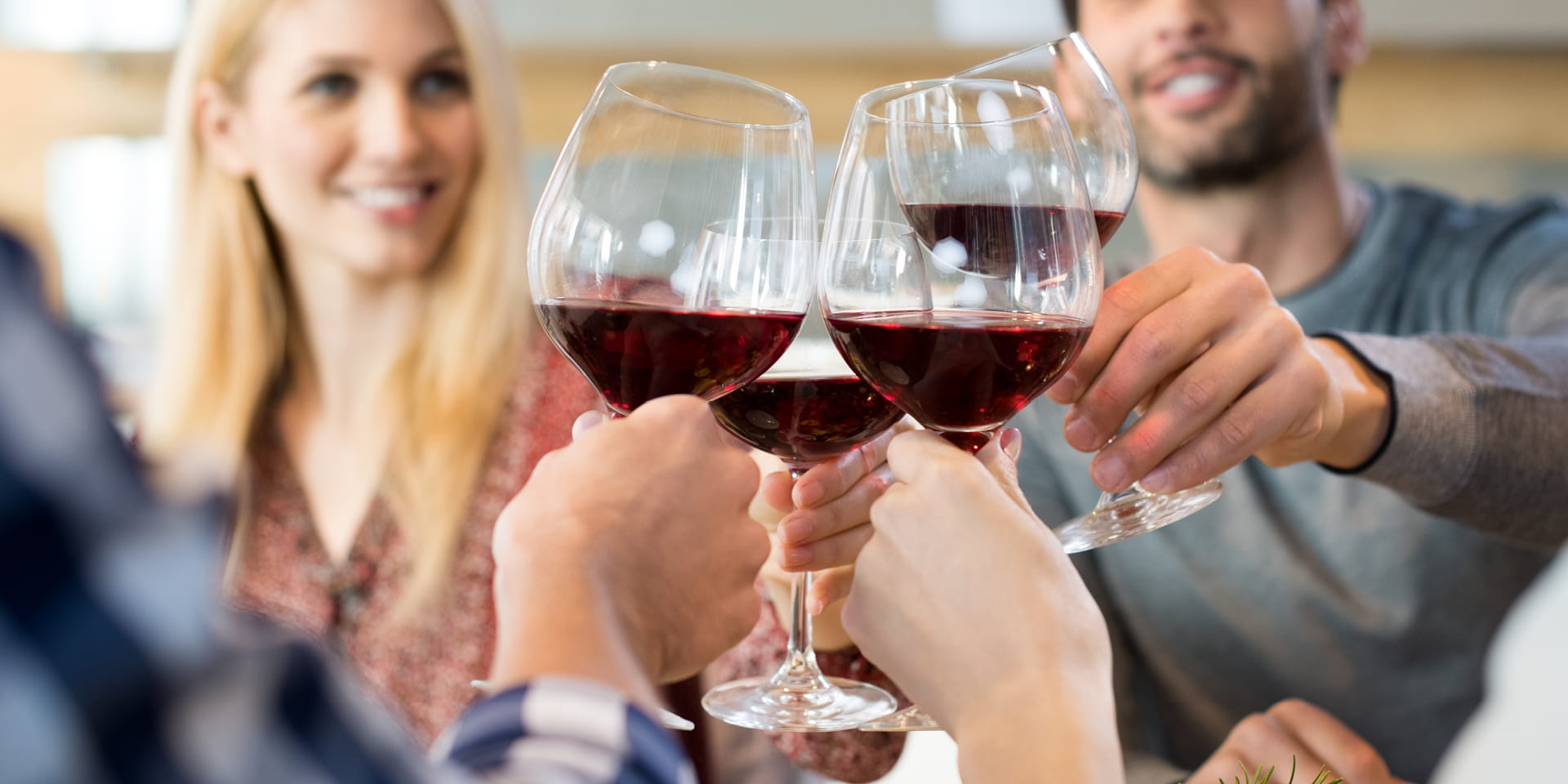 two couples toasting with wine glasses