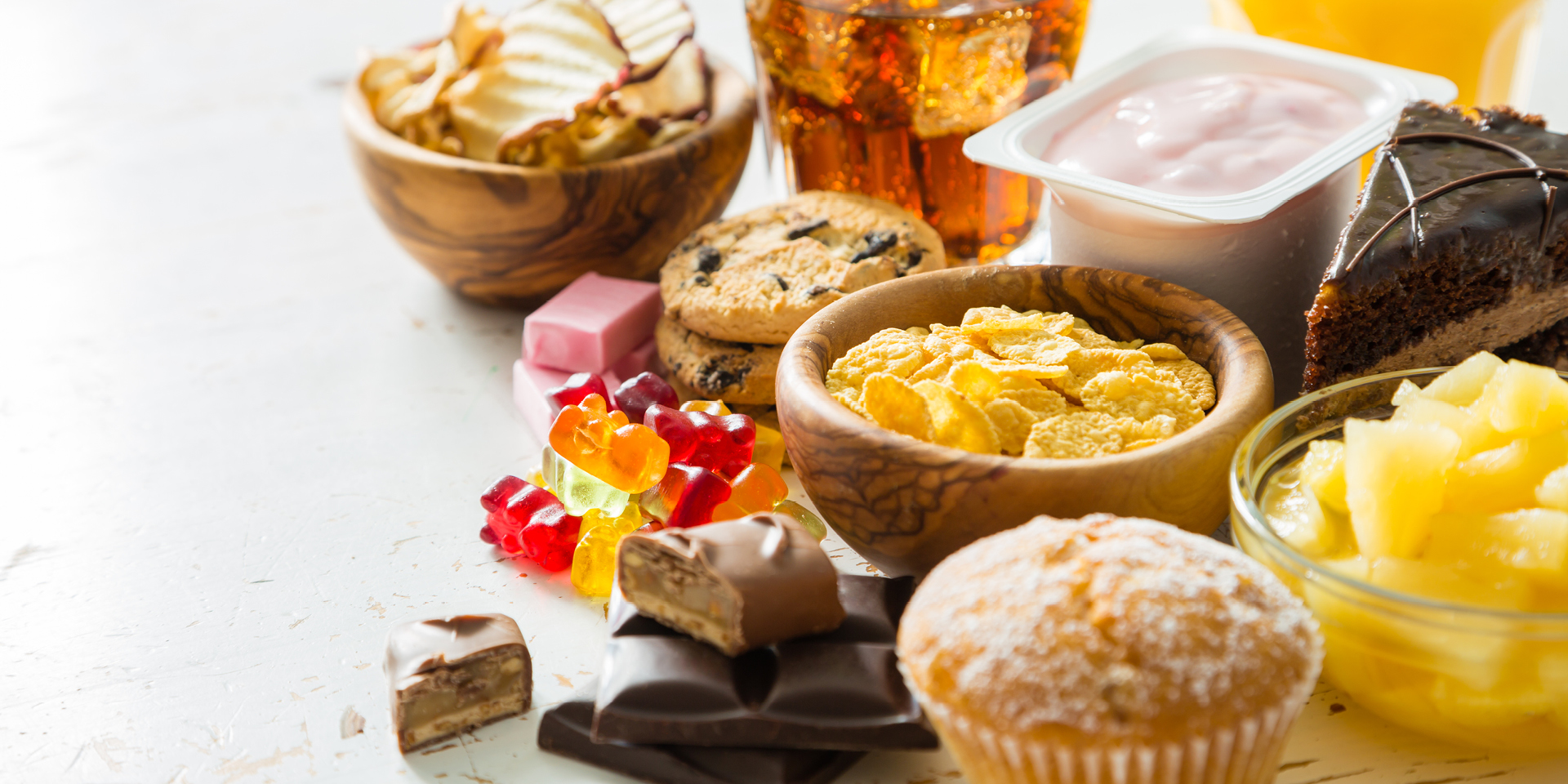 muffins, cookies, chips, and other sugary snacks