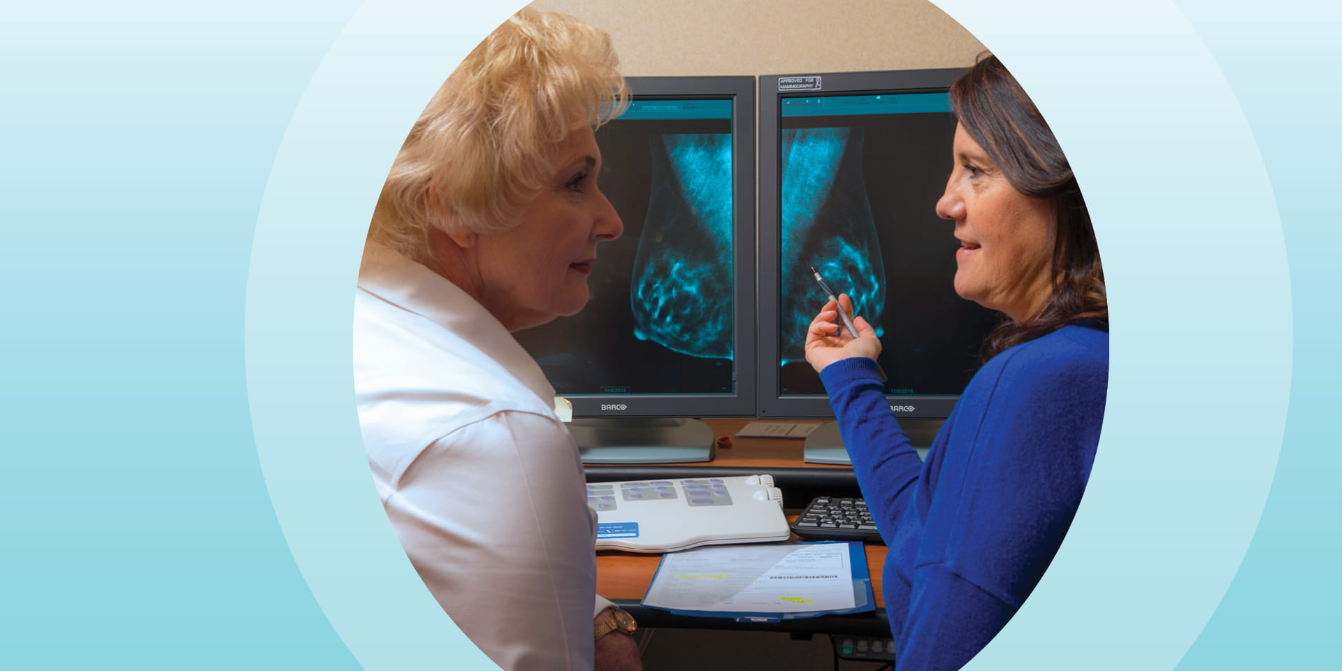 Two women during a breast exam 
